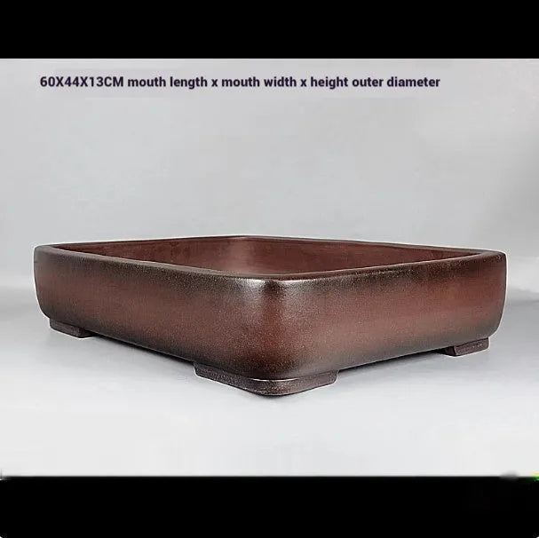 Large rectangular handmade antique purple clay flower pot showing dimensions