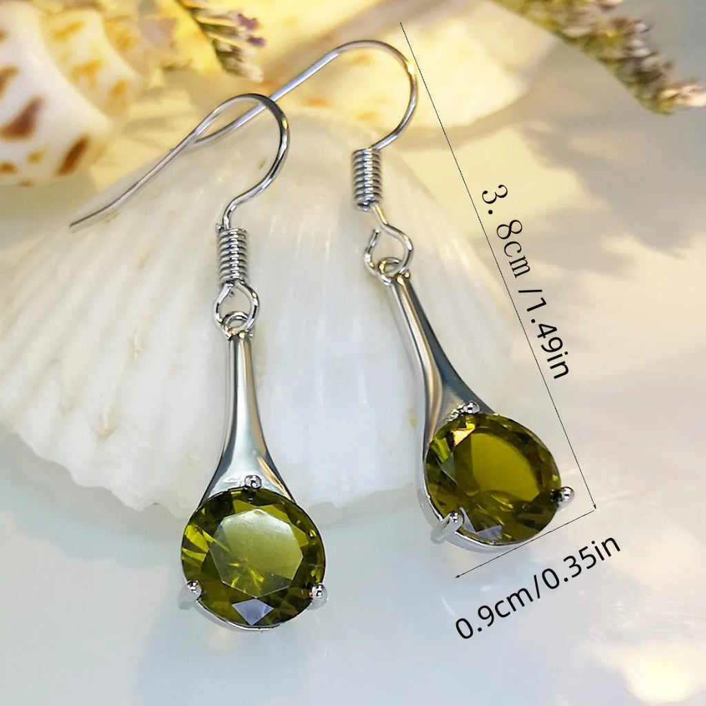Olive green topaz coloured drop earrings with water drop shape and electroplated finish