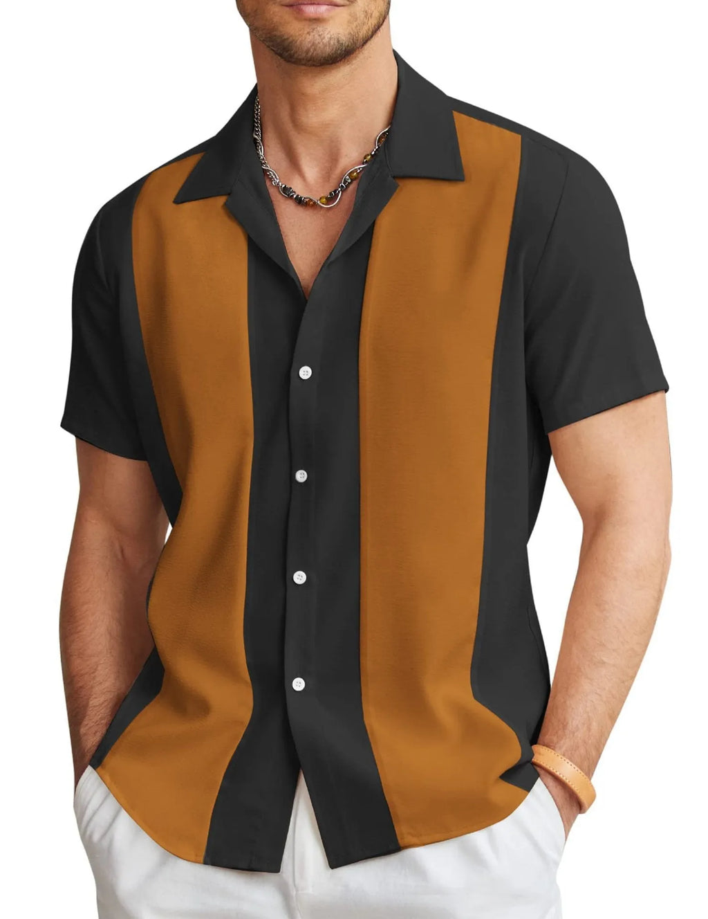 Men's slim fit digital print Hawaiian shirt in elastic polyester fabric on a model.