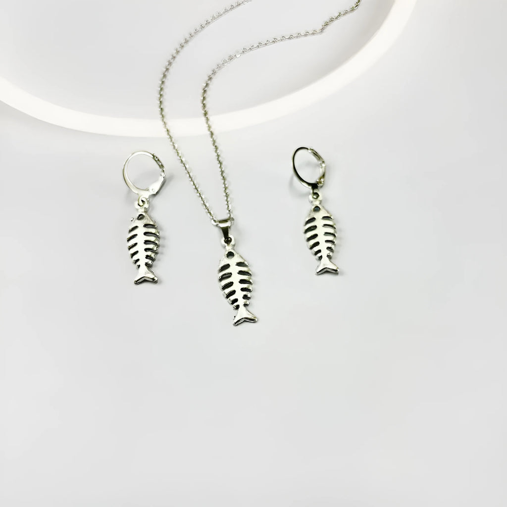 Silver retro fishbone pendant earrings set with adjustable necklace chain