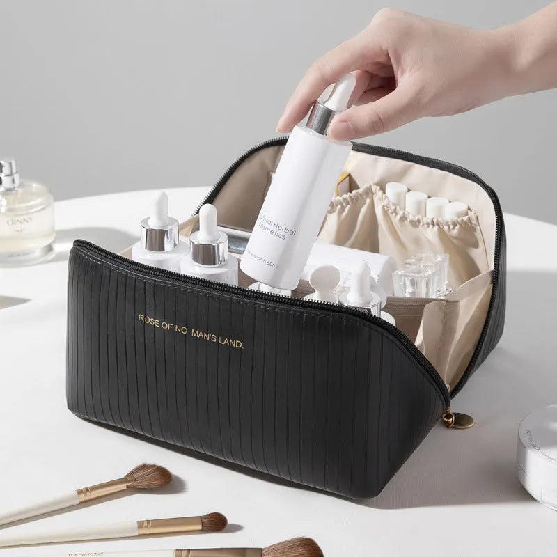 Vertical pattern pillow makeup bag in cubic shape with PU material, measuring 22.5cm height