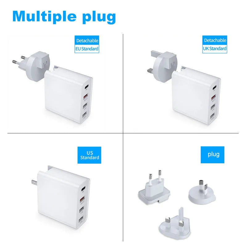 White and black multi-port USB fast wall charger with PD and QC 3.0 support on a table.