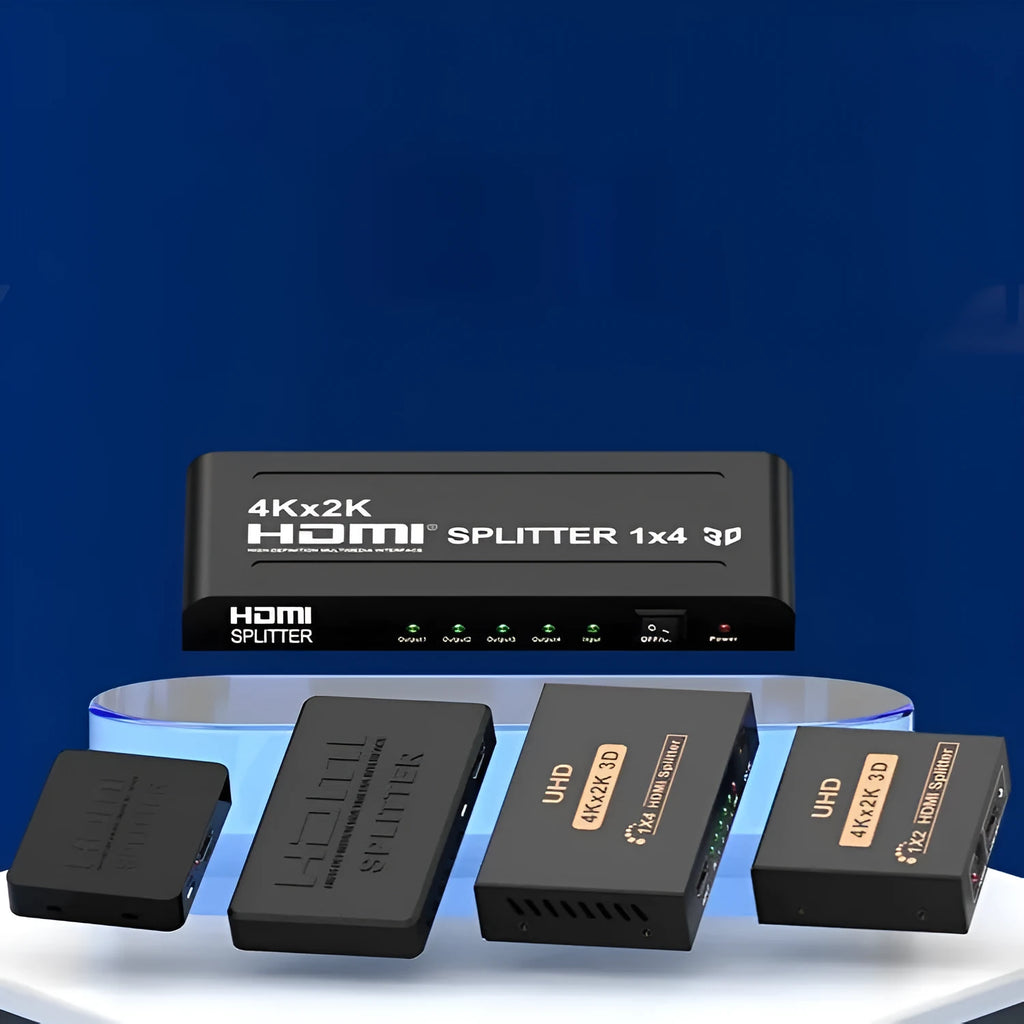 4K HDMI splitter device with one input and two output ports, shown with a USB power cable.