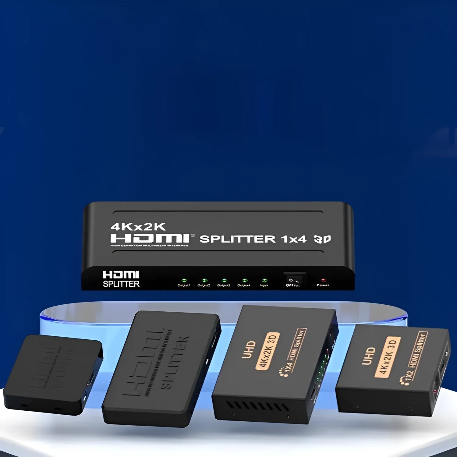 4K HDMI splitter device with one input and two output ports, shown with a USB power cable.
