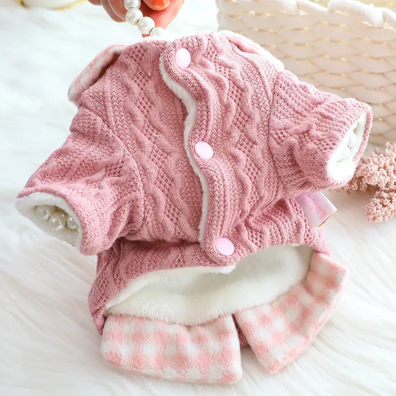Blue wool plaid dog sweater with fleece lining and fake two-piece design on medium-sized dog