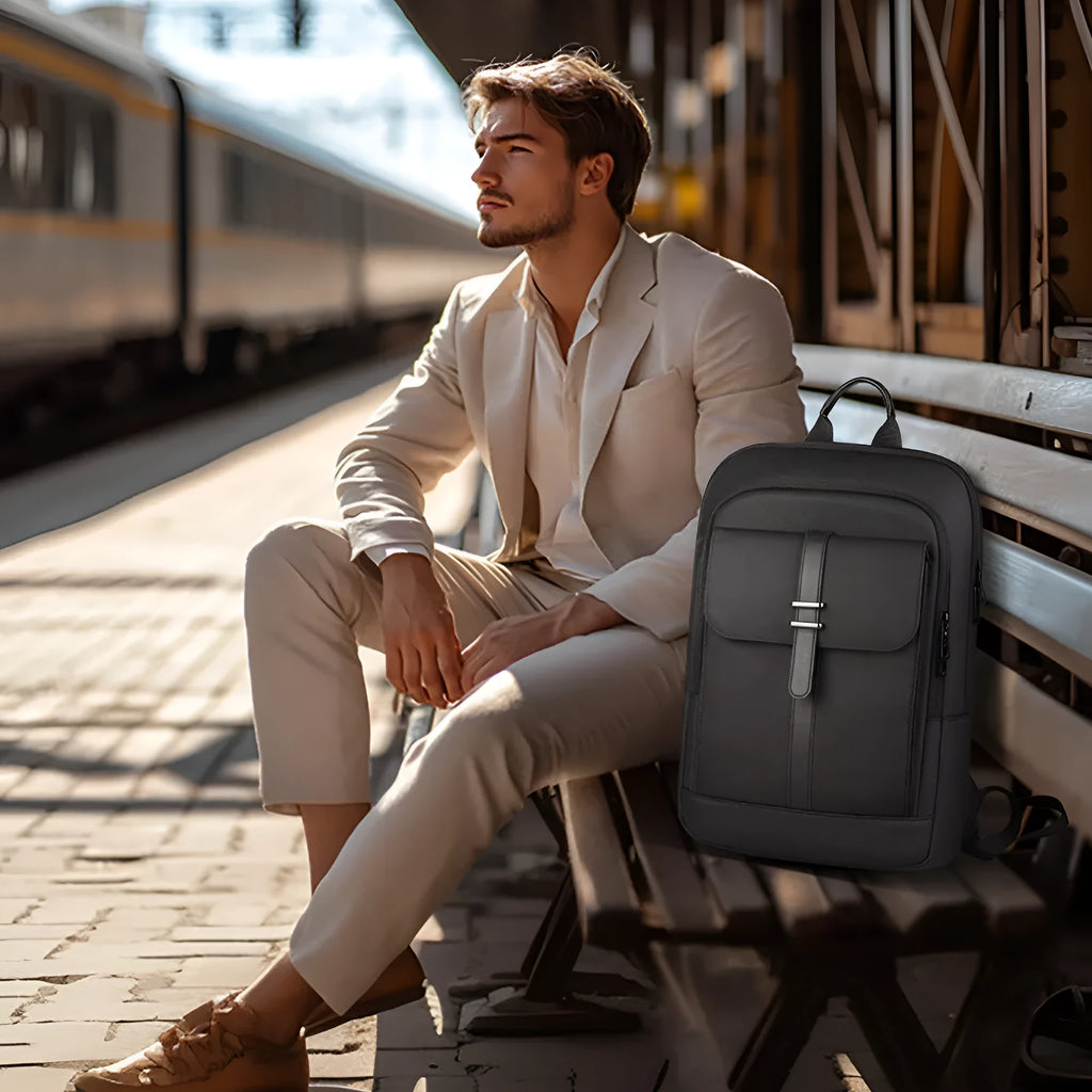 Black Oxford cloth backpack with sewing line detailing for business commuting