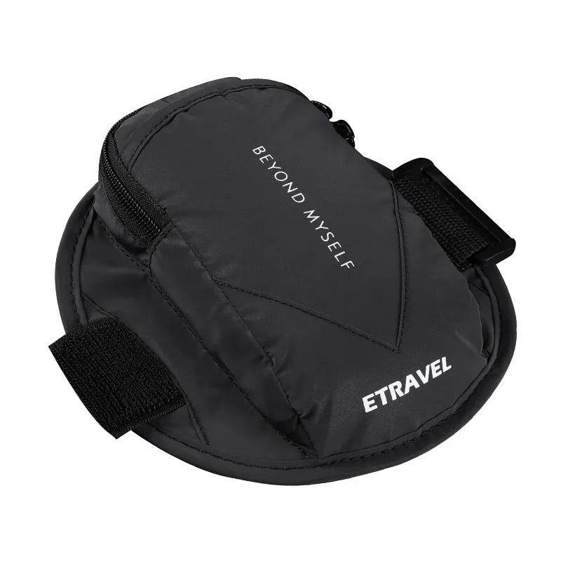 Reflective black running arm band with adjustable strap, shown holding a smartphone.