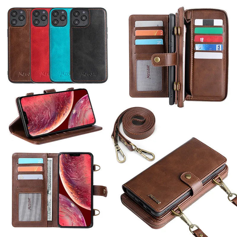 Black detachable magnetic wallet phone case for iPhone and Samsung Galaxy Note on a table.