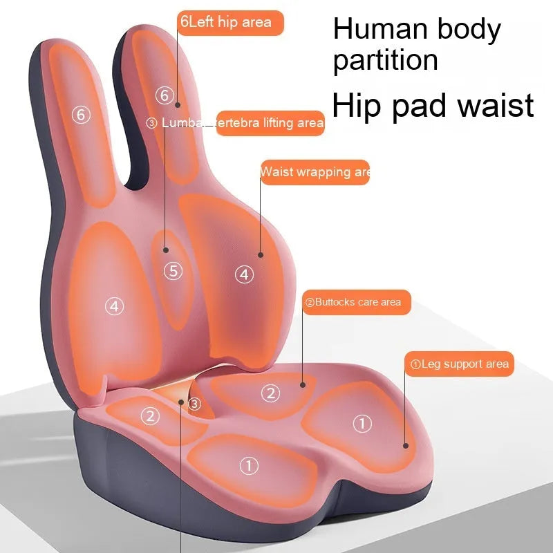Heightening car seat cushion and lumbar support set in ink black, synthetic fibre filling, flat style, for short drivers