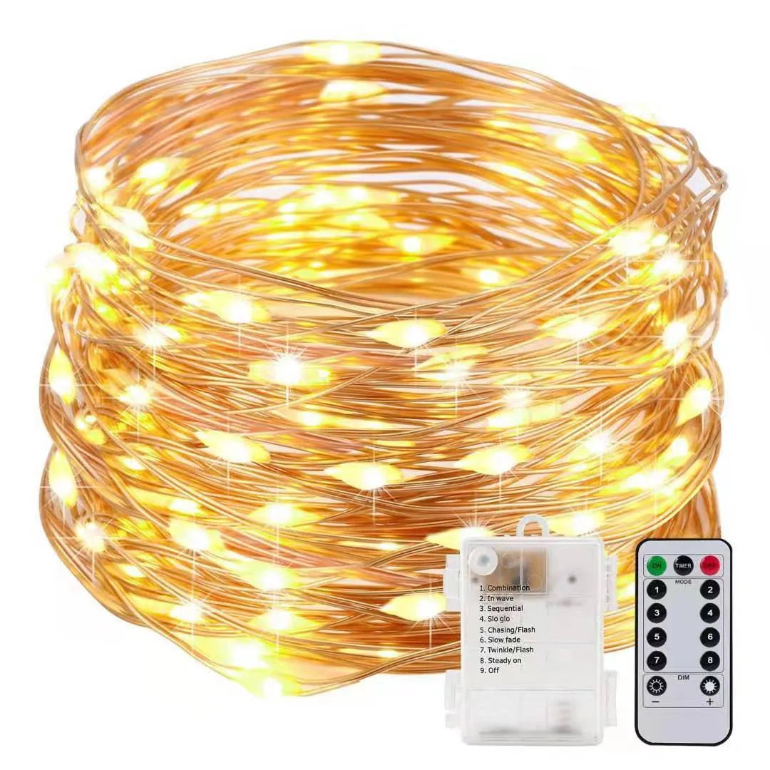 Copper wire string lights with battery box showing flexible wire with LED bulbs in various colour options