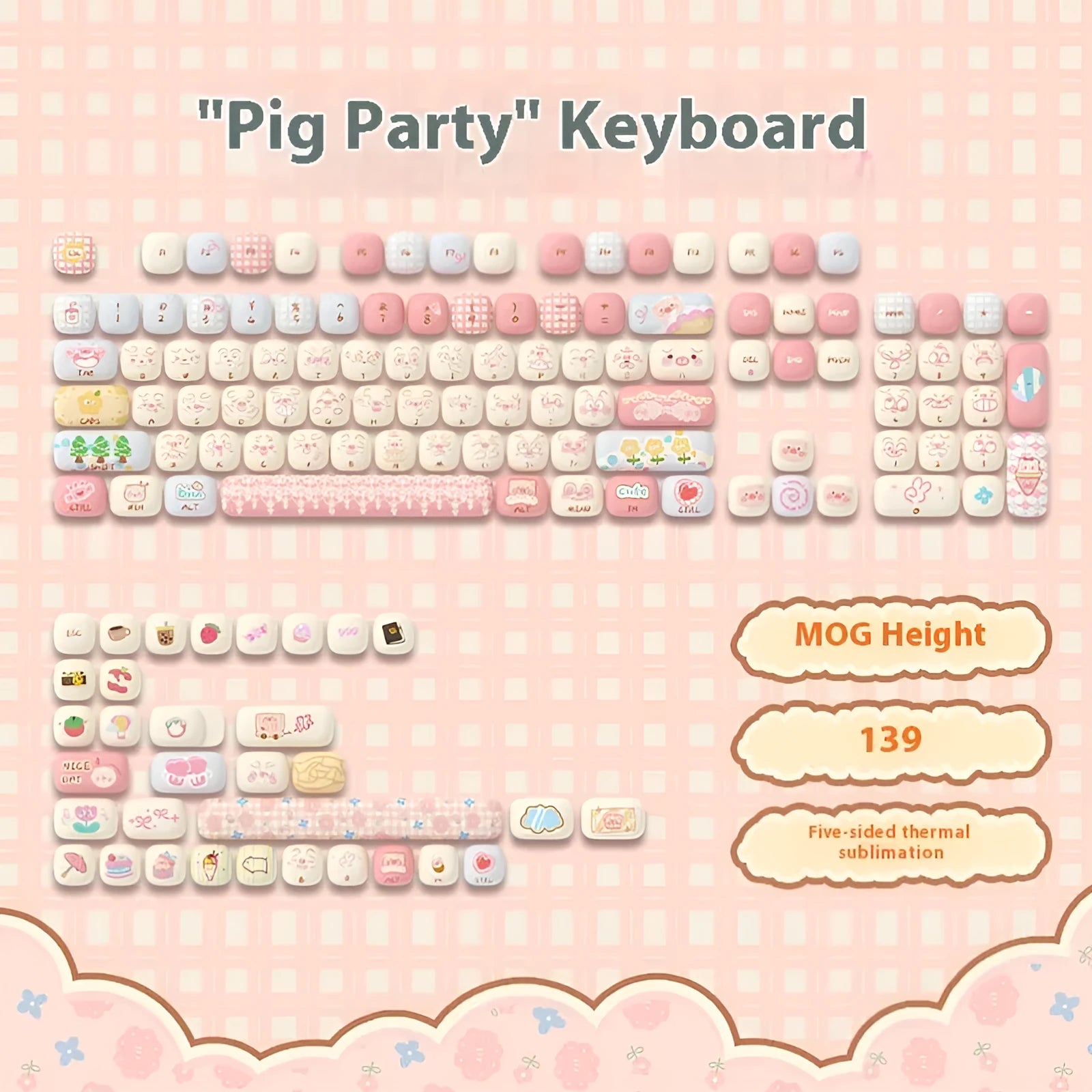 Full set of colourful cartoon pig and anime-themed mechanical keyboard keycaps with sublimation printing on a black background.