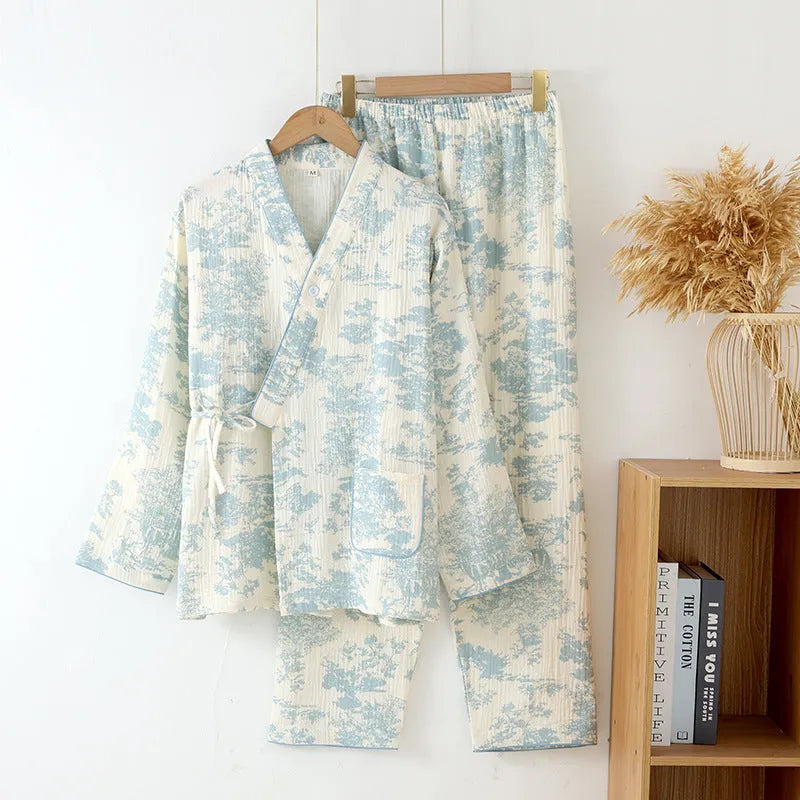 Pure cotton gauze ladies lounge suit with long sleeves and trousers in frosted pine trees colour options