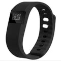 Ordinary plastic and ABS bracelet pedometer on wrist, showing black, blue, green, orange, and yellow colour options.