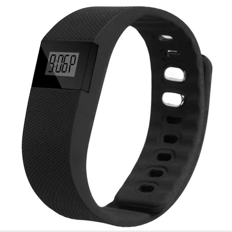 Ordinary plastic and ABS bracelet pedometer on wrist, showing black, blue, green, orange, and yellow colour options.