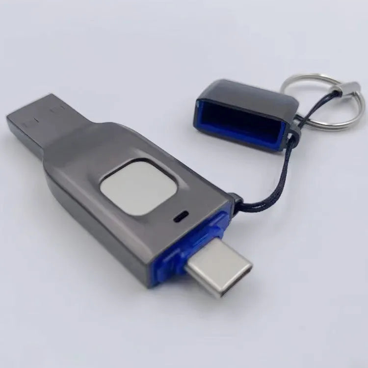 Black and silver grey metal fingerprint encrypted USB flash drive with USB-C and USB 3.0 ports.