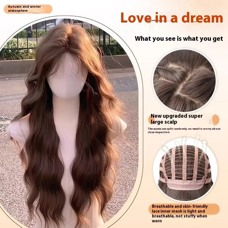 Women's long curly synthetic wig with side bangs in brown black colour