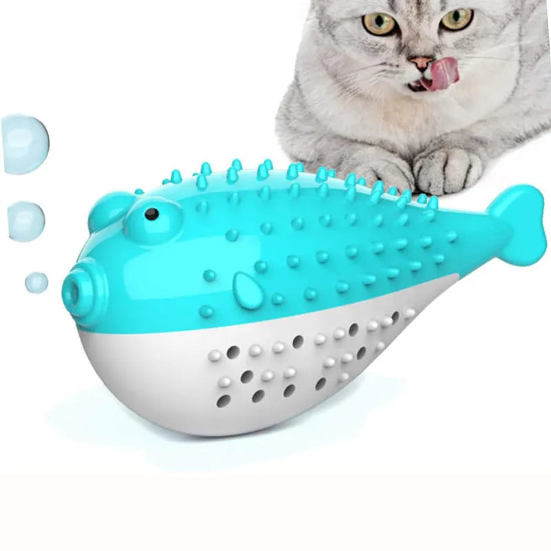 Silicone fish-shaped cat chew toy with grabbing feature in blue, green, pink or yellow options