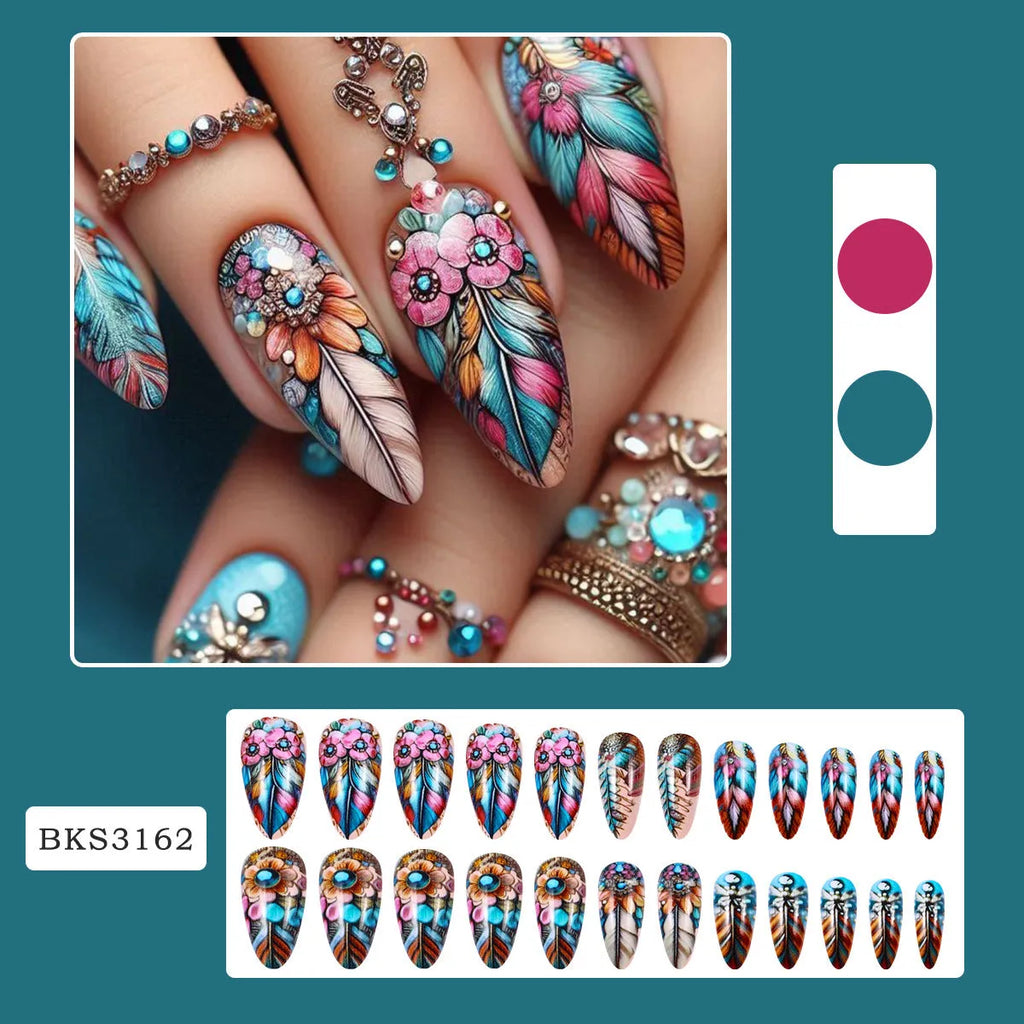Retro style coloured feather armour nail art stickers with multiple pattern designs