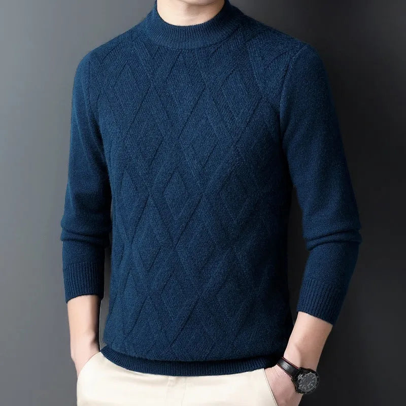 Men's diamond jacquard winter thermal sweater in wool blend fabric shown in light camel colour