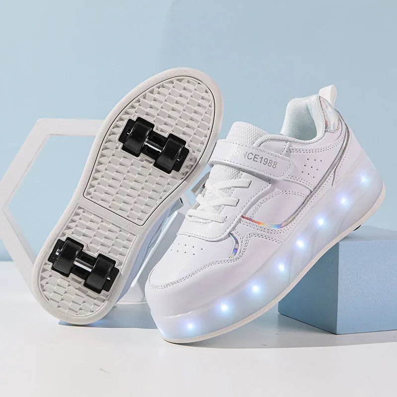 Kids' LED light-up roller skates with rechargeable wheels in pink, showing both two-wheel and four-wheel design options.