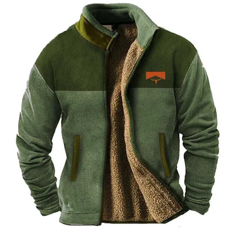 Men's green fleece-lined padded coat with regular 50cm length and polyester fibre construction