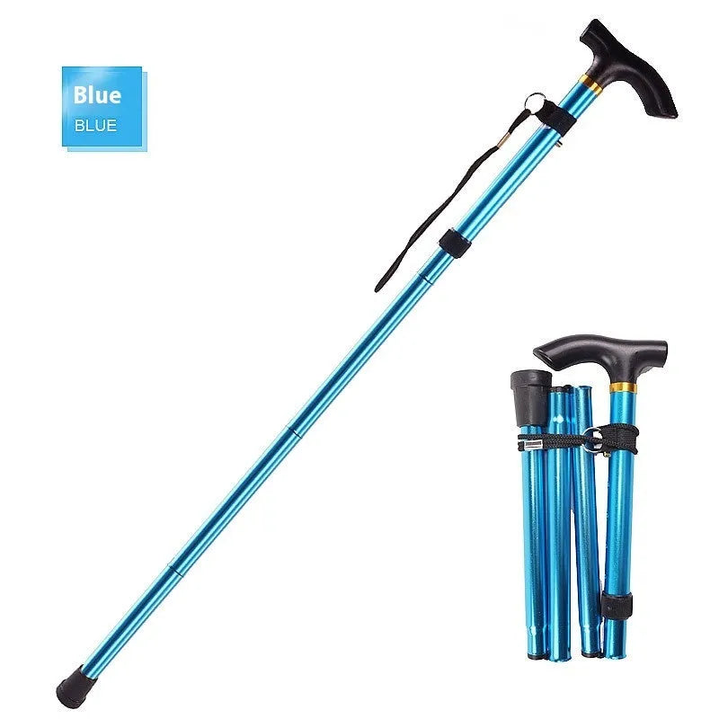 Aluminum alloy folding walking cane extended to show adjustable height mechanism and non-slip handle