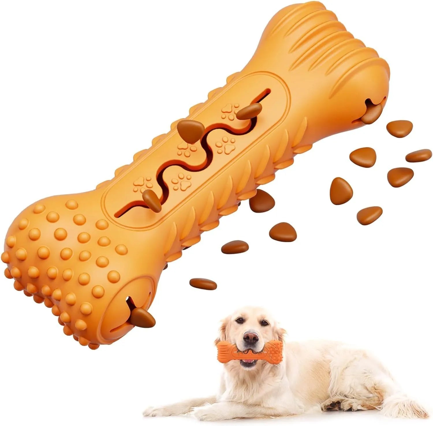 Blue natural rubber bone-shaped dog chew toy on a white background