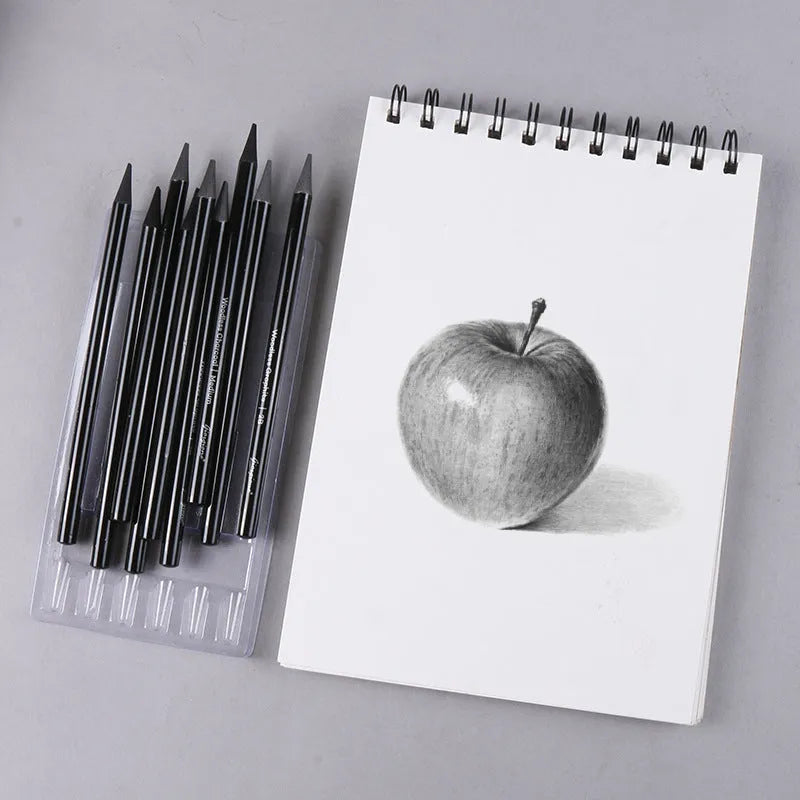 Carbonized and graphite pencil suit with nine wooden pencils on a suction card packaging