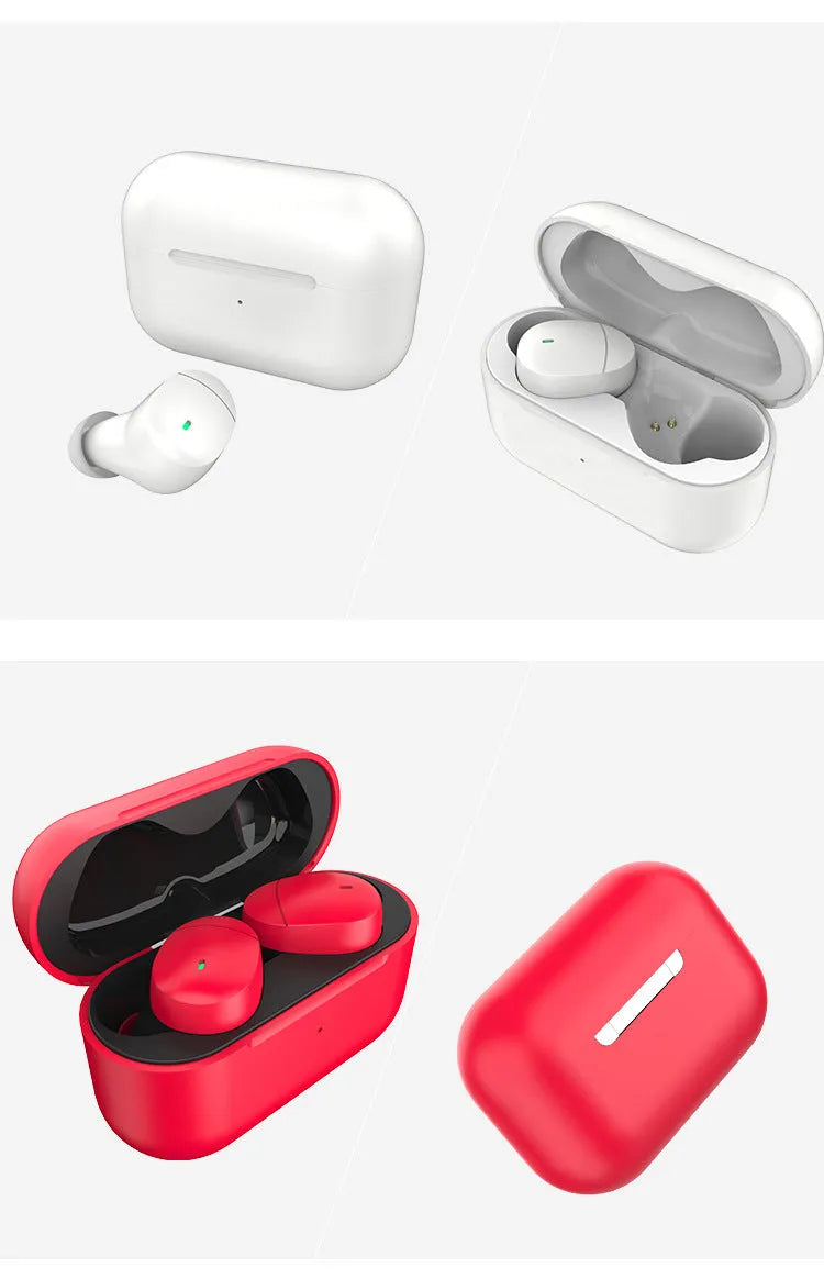 Flame red Qualcomm Bluetooth 5.2 headset with earplug design and charging cable