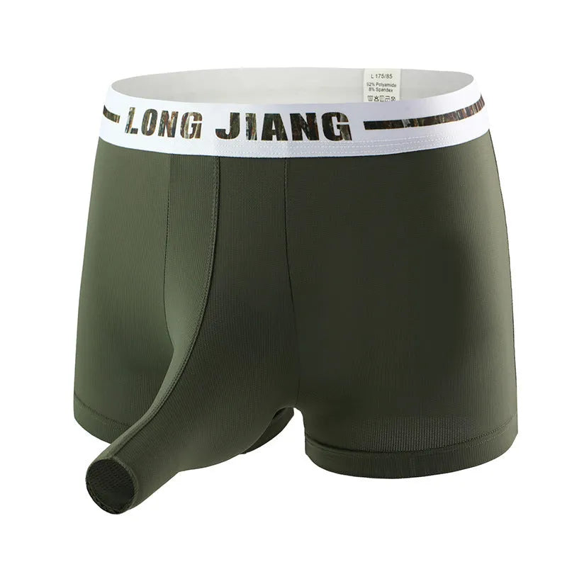 Men's ice silk boxer shorts in a solid colour showing the trunk open design and mid waist fit.