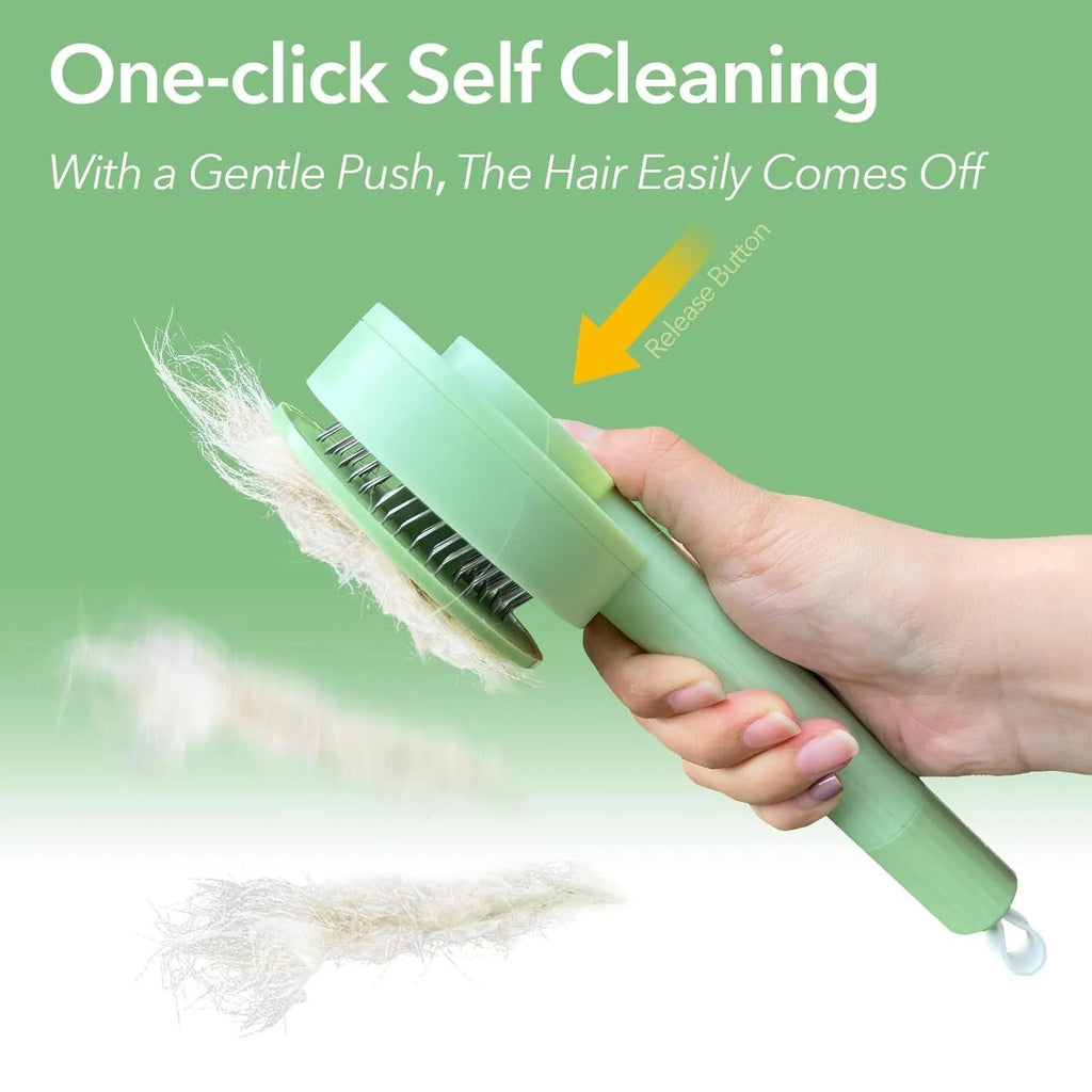Green and yellow 2-in-1 pet grooming brush with stainless steel teeth for deshedding cats and dogs