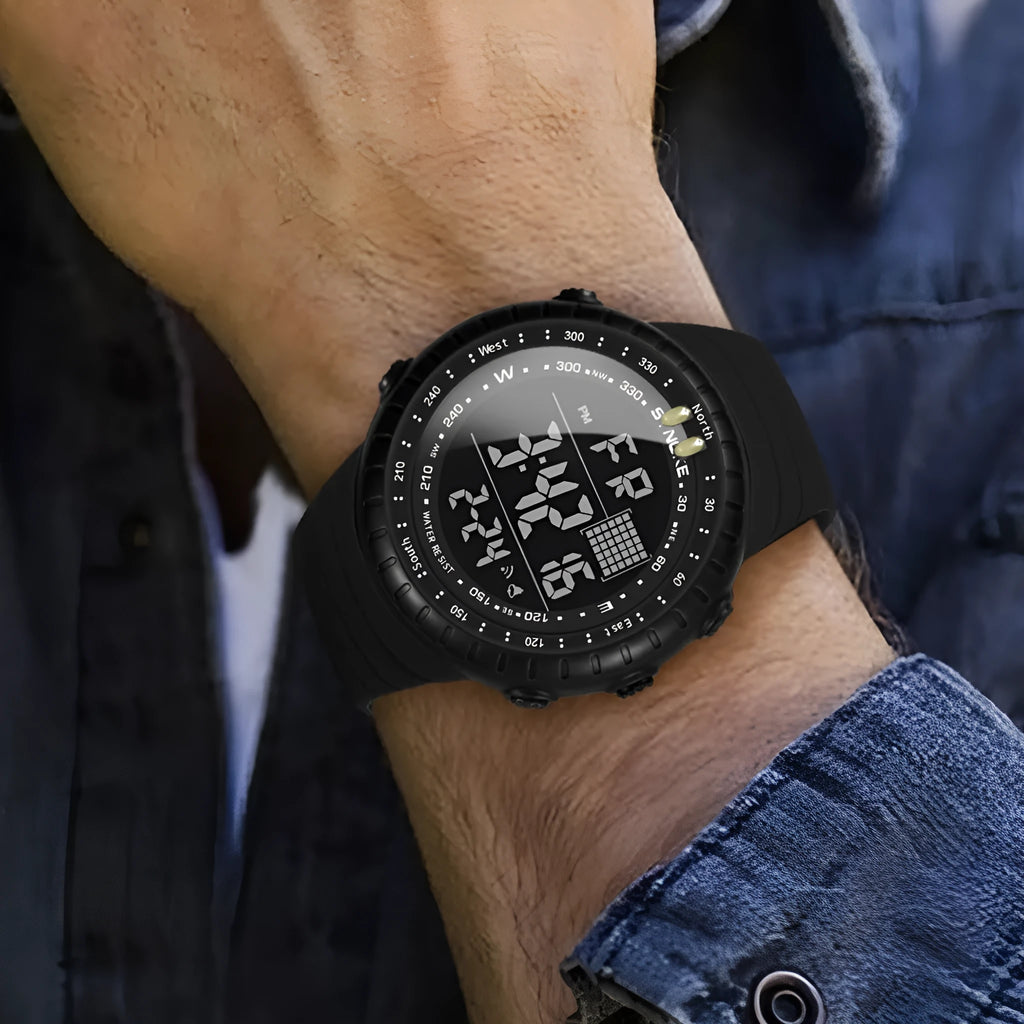 Men's black waterproof outdoor electronic watch with 50 metre water resistance and PU strap