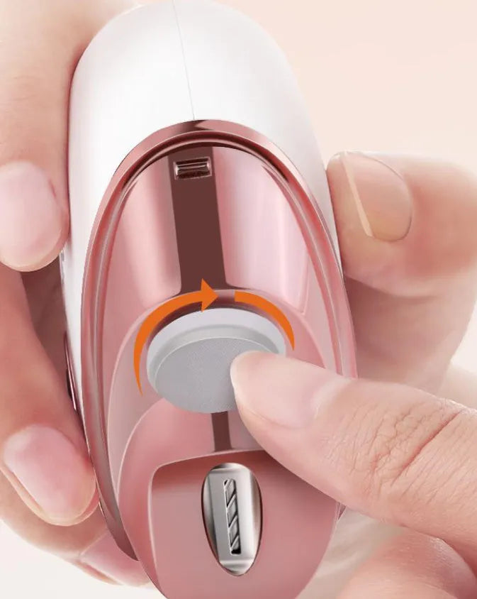 Blue, orange, and white electric nail clipper and polisher tool with USB Type-C cable and cleaning brush.