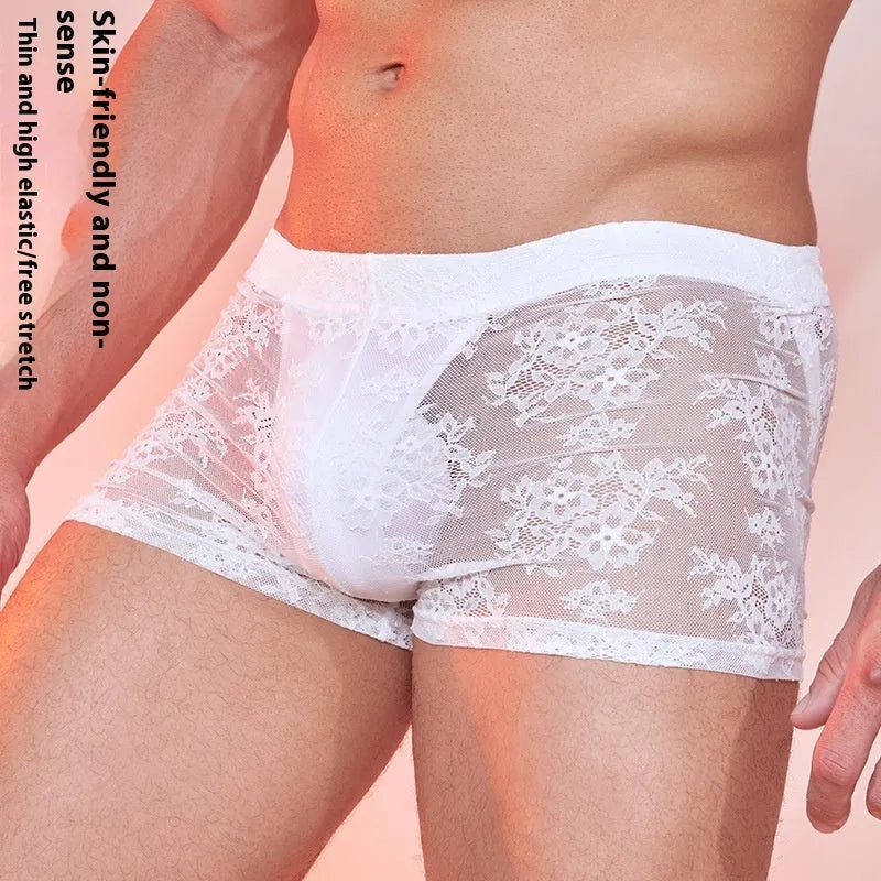 Men's lace boxers in nylon fabric showing black, white and red colour options