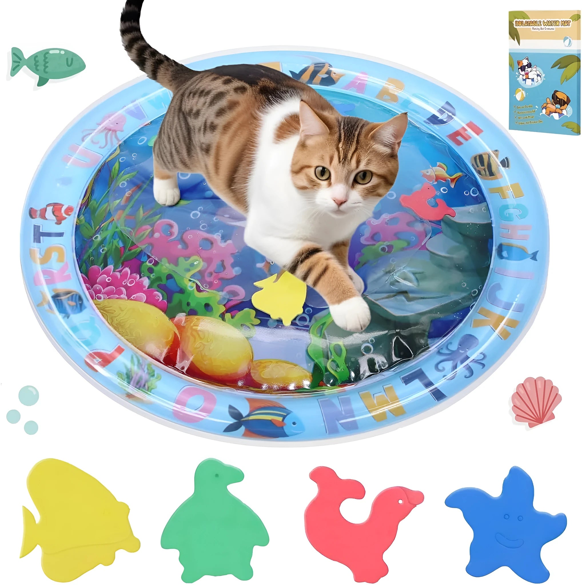 Water sensory playmat for cats with floating toys in ocean theme design on blue PVC surface
