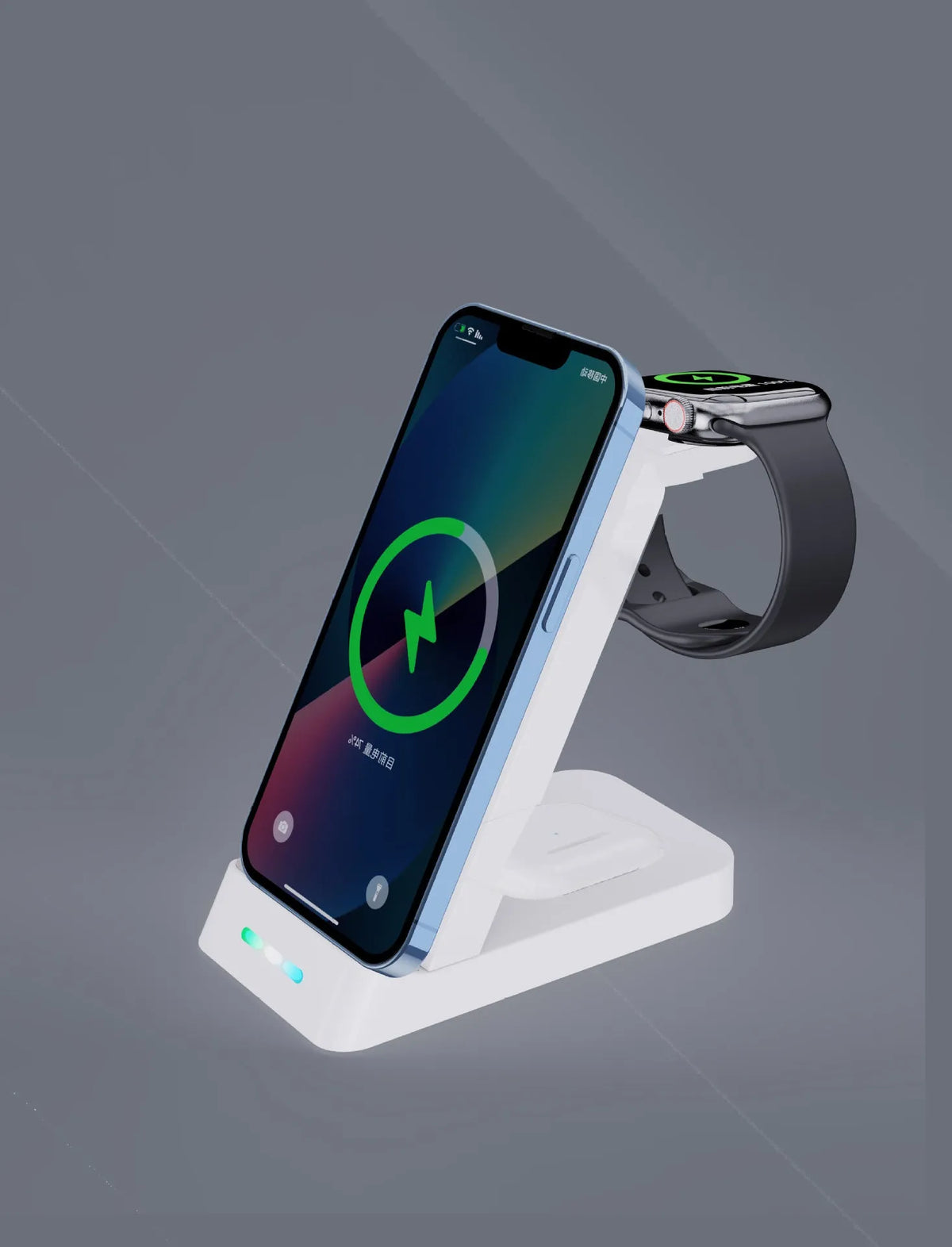 Black and white 65W three-in-one wireless charging station for phone, AirPods, and Apple Watch on a desk.