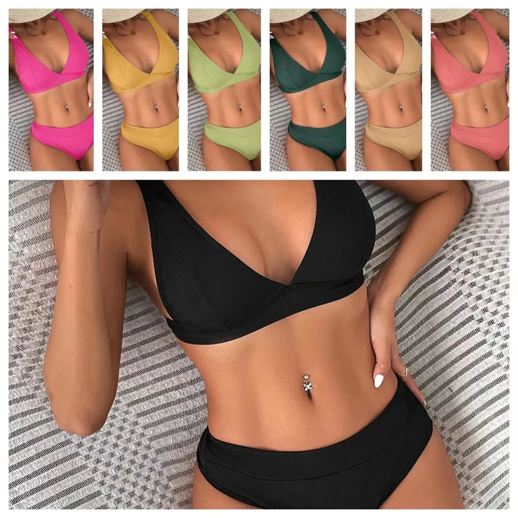 Women's black rib lace-up split bikini set with high-waist briefs on a mannequin.