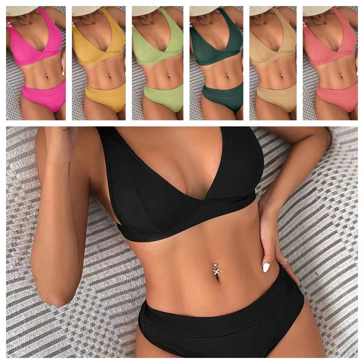 Women's black rib lace-up split bikini set with high-waist briefs on a mannequin.