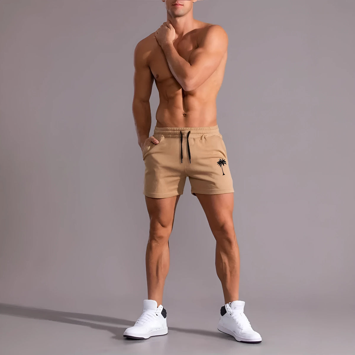 Men's khaki sports shorts with coconut print design and straight leg cut