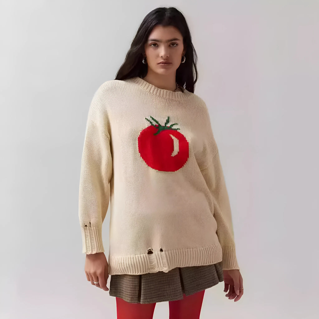 Women's milky white acrylic jacquard knit sweater with round neck and long sleeves