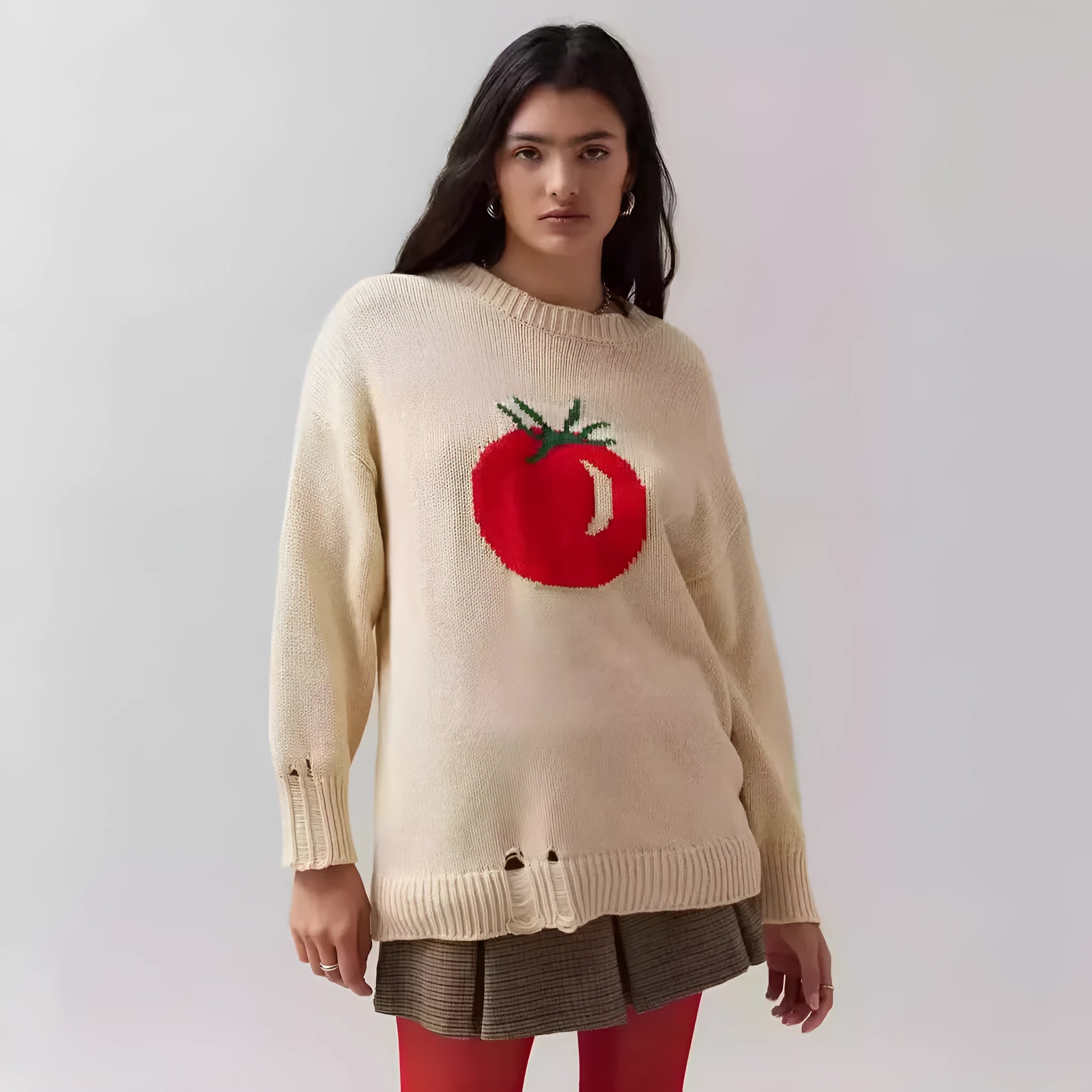 Women's milky white acrylic jacquard knit sweater with round neck and long sleeves