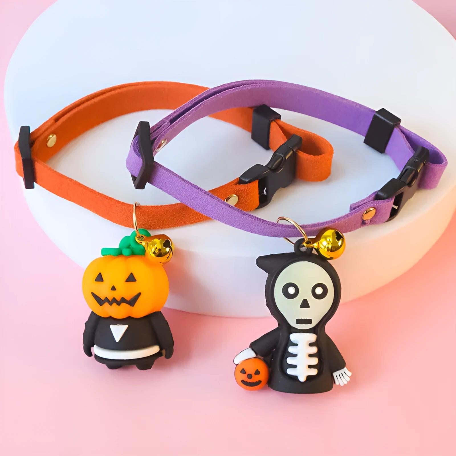 Halloween pet collar with luminous pumpkin man design on adjustable polyester band