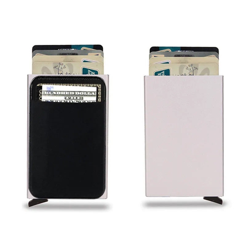 Frosted aluminium metal credit card holder in multiple colours showing slim profile