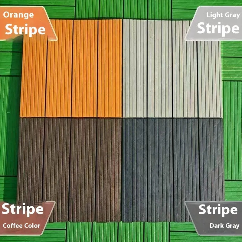 Ten square plastic floor tiles with wood grain finish shown interlocked on a floor.