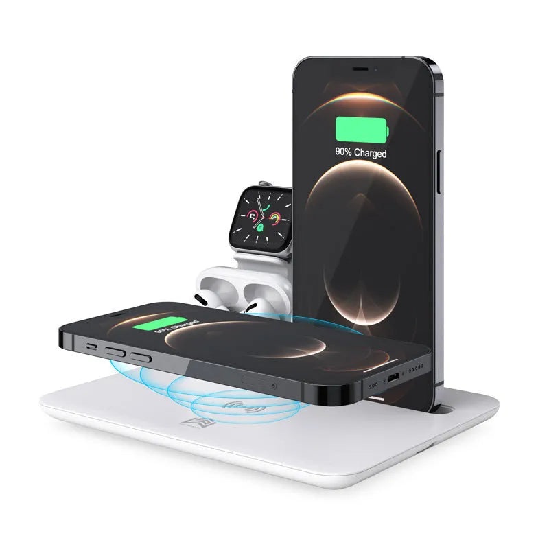 Black and white desktop wireless charger with phone pad, watch port, and headphone bracket.