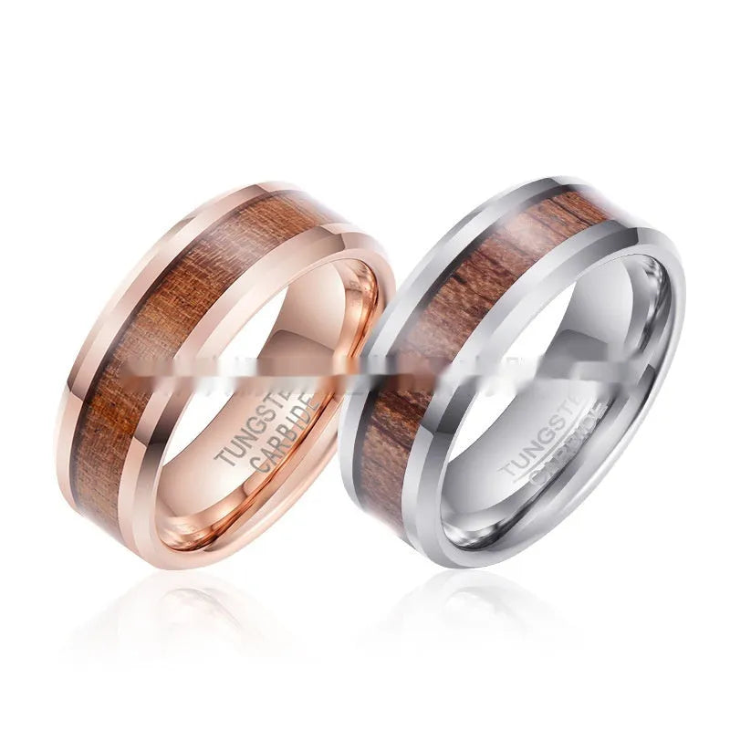 Men's 8mm wide Ugyen ring with wood and leather inlay in rose gold finish