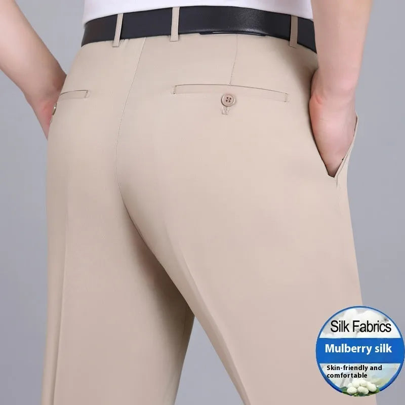 Men's straight-leg business trousers with high waist in mulberry silk fabric available in dark blue, black, and khaki colours
