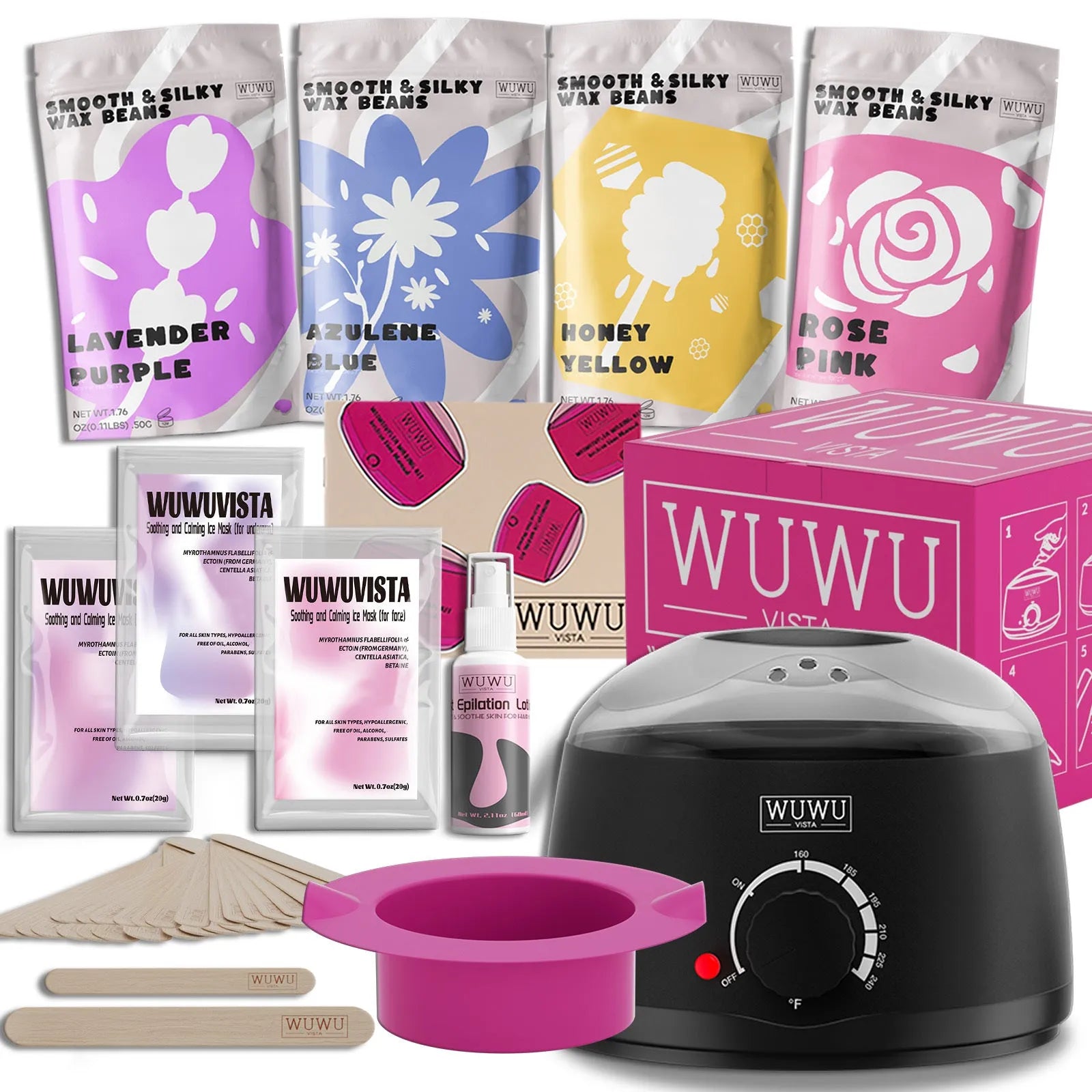 29-piece gold-standard hard wax kit with black wax warmer, coloured wax beads, wax sticks, and aftercare products