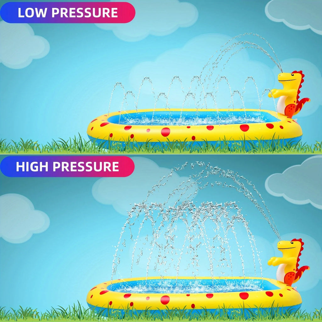Blue dinosaur-shaped inflatable water spray pool for kids outdoor play