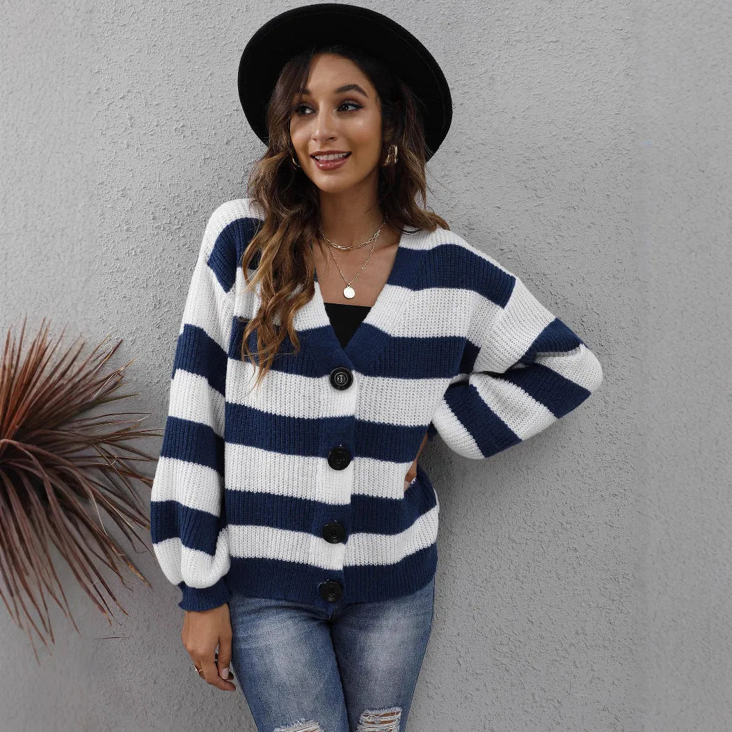 Women's striped deer plush cardigan in blue, black, brown, or dark green with button front
